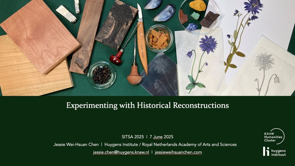 A slide showing, on the top half, a photo of an arrangement of art materials and images made in several mediums, and, on the bottom half, the title of the presentation, "Experimenting with Historical Reconstruction". 