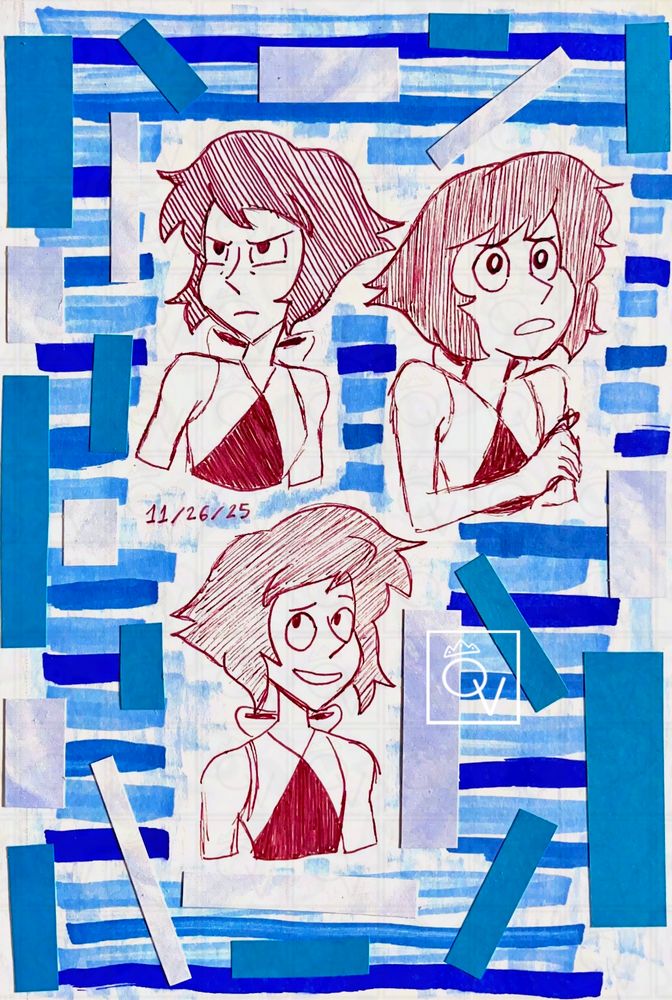 Three different sketches of Lapis Lazuli from Steven Universe drawn in a red pen. The page around her is decorated in various blue marker stripes and blue scrap papers.
