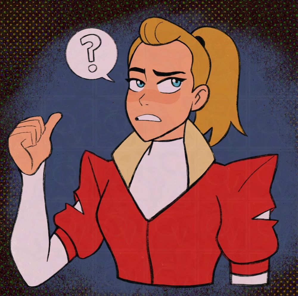 Adora confused and pointing at something behind her with a speech bubble with a question mark inside of it.