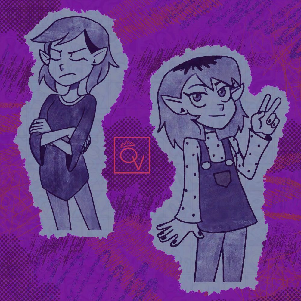 Two digital drawings of Amity Blight drawn in purple.