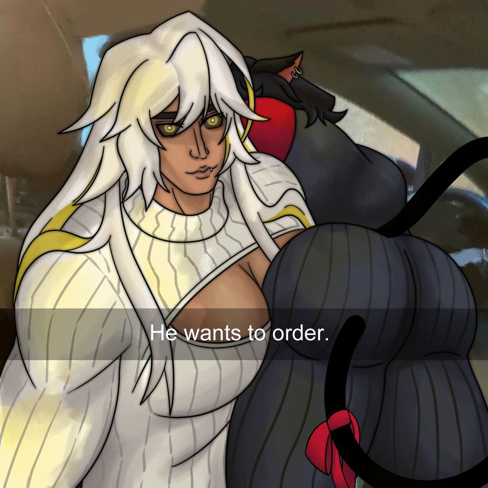 VTuber Harmony Kyrus (Left) and Taiga Chama (Right) in a reaction of a meme called "He wants to order". Taiga in the POV of the passenger's seat crawls over Harmony in the driver's seat to ask for an order outside the car window.