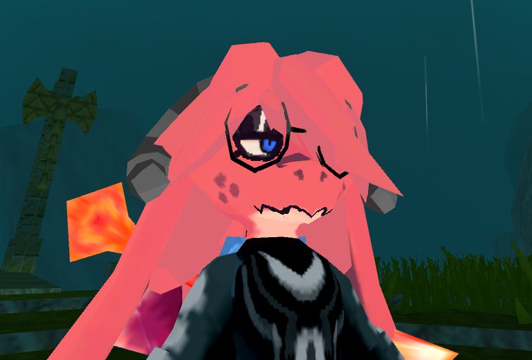 Screenshot of a red kubold wearing glasses with long hair from atlyss