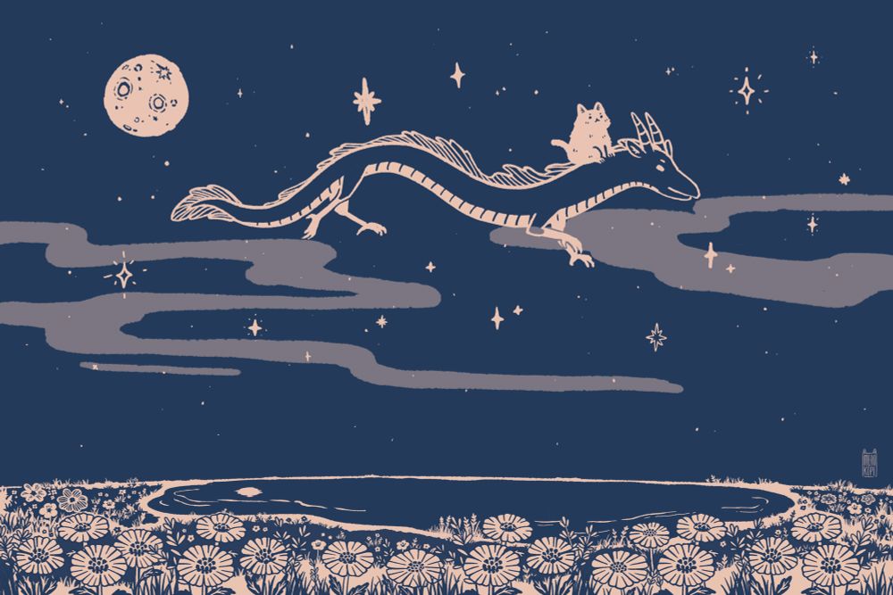 Drawing of a cat riding a dragon over a lake surrounded by flowers.