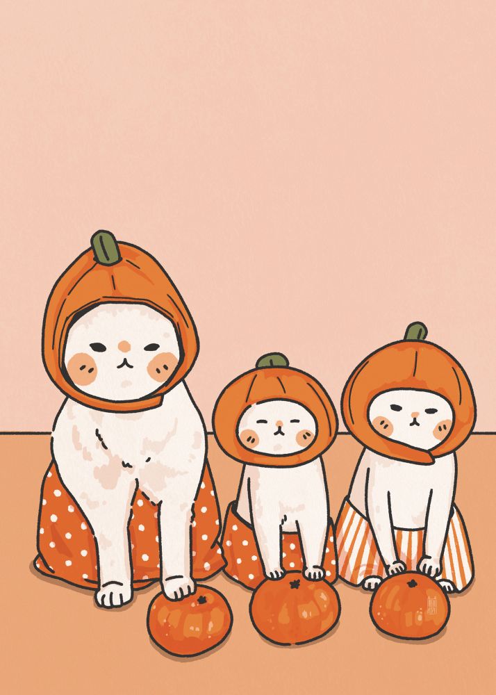 Drawing of three cats wearing orange hats and outfits holding oranges.