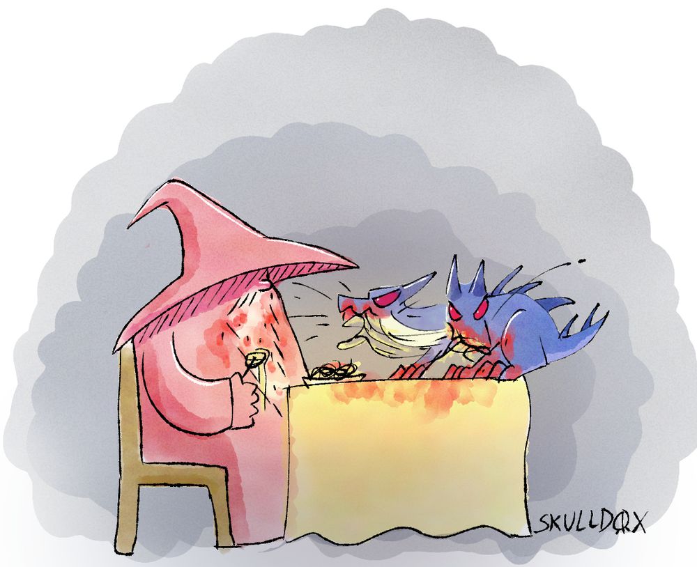 Red wizard is covered in spaghetti sauce as the blue kobold hunched over like a feral animal is shaking the food all over the table. Food is everywhere on the table.