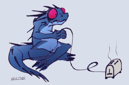 Blue lizard attempting to play a video game on a toaster