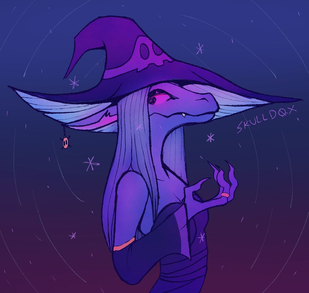 Purple kobold in a wizard hat. Wizard hat has a skull on it. The kobold has long light hair that hangs down. Wearing loose sleeves with an exposed shoulder. Wearing a skull earring and golden ring on hand.