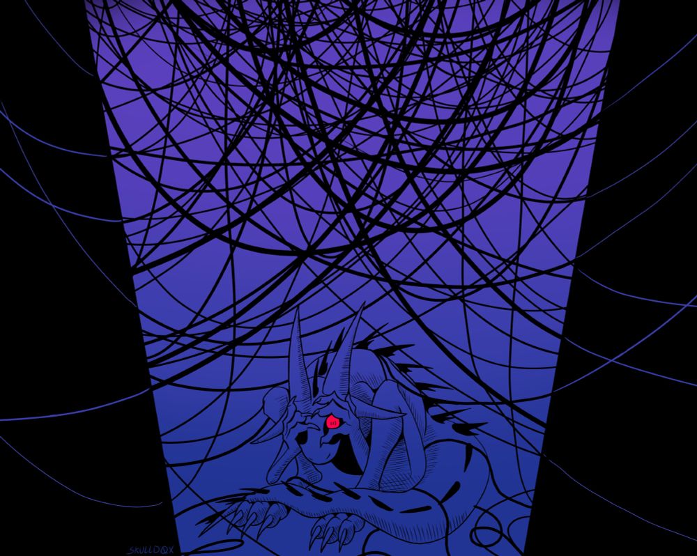 A kobold in a fetal position as he is surrounded in many wires