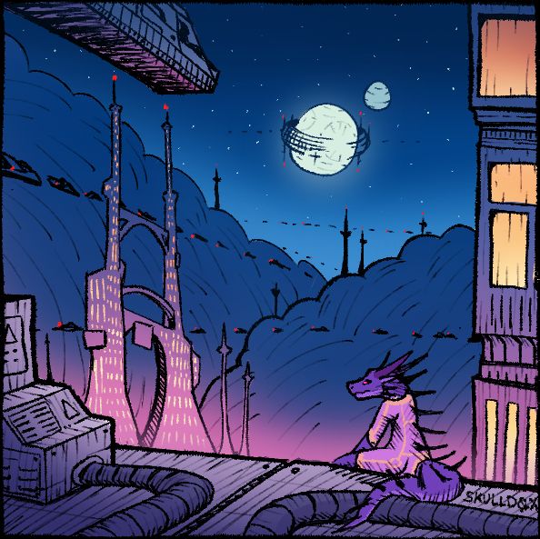 A reptile anthro character is sitting on a metallic ledge. Skyscrapers are seen poking out of the clouds. Traffic is seen crossing the landscape. Two moons are seen above the clouds as a large structure is covering the bigger moon.