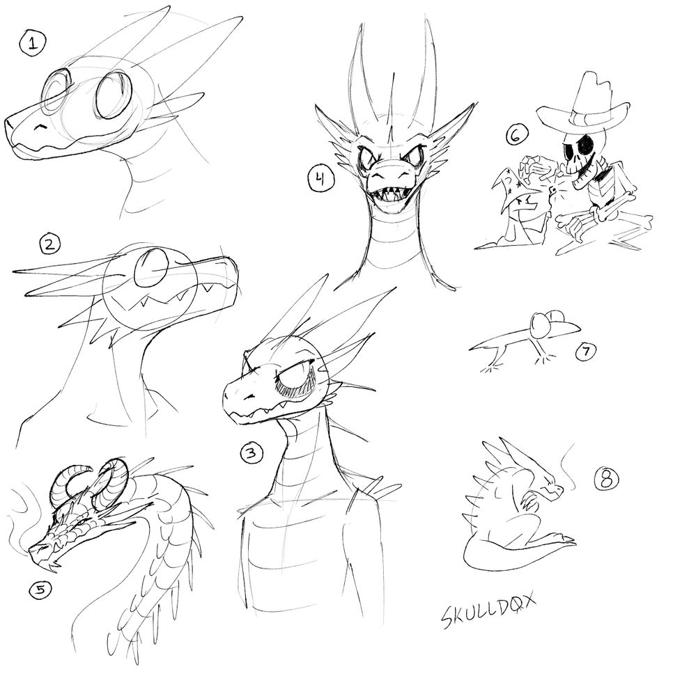 Each sketch has a number next to them. 1. Kobold looking to the right with a smile 2. Kobold looking up left smiling 3. Shiver the kobold with his grin 4. Front facing Shiver 5. Dragon with smoke coming out of the nose 6. Kobold wizard and a cowboy skeleton 7. lizard 8. kobold pouting in the corner