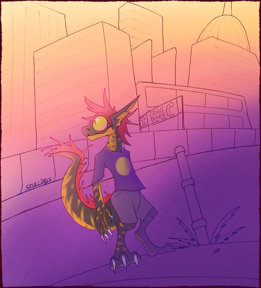 Kobold with red hair, black body with orange stripes, a purple shirt with a yellow circle,  is looking at the sunset to the left. The background is a gradient that gently goes from yellow, to pink to purple.