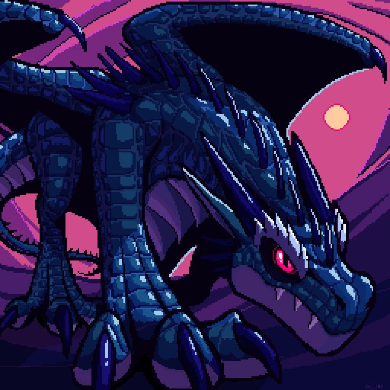 Blue dragon at a worm's eye view as he hunches over to look at the viewer