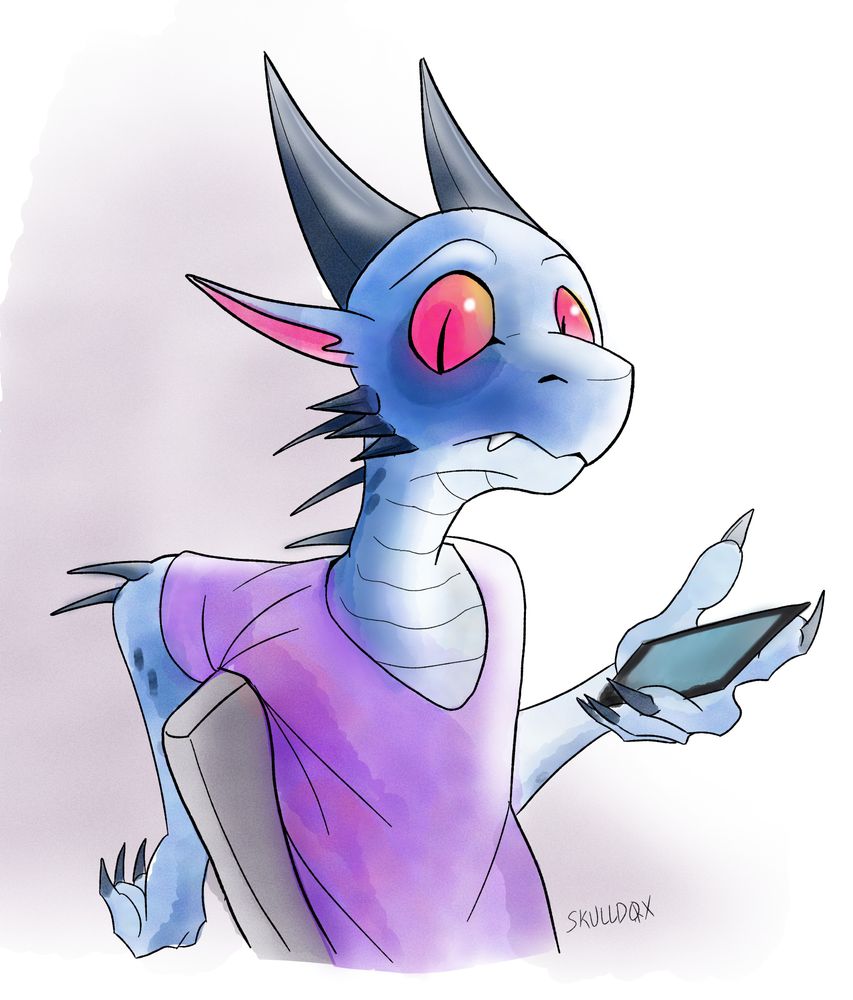 Blue kobold in a purple t-shirt looking at the viewer. He looks lightly confused and appears like he was interrupted from using his phone