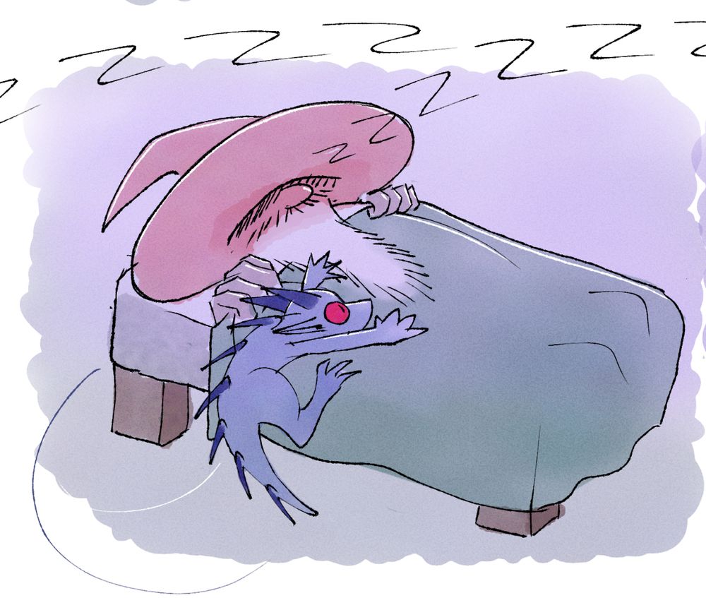 The kobold is climbing up onto the bed