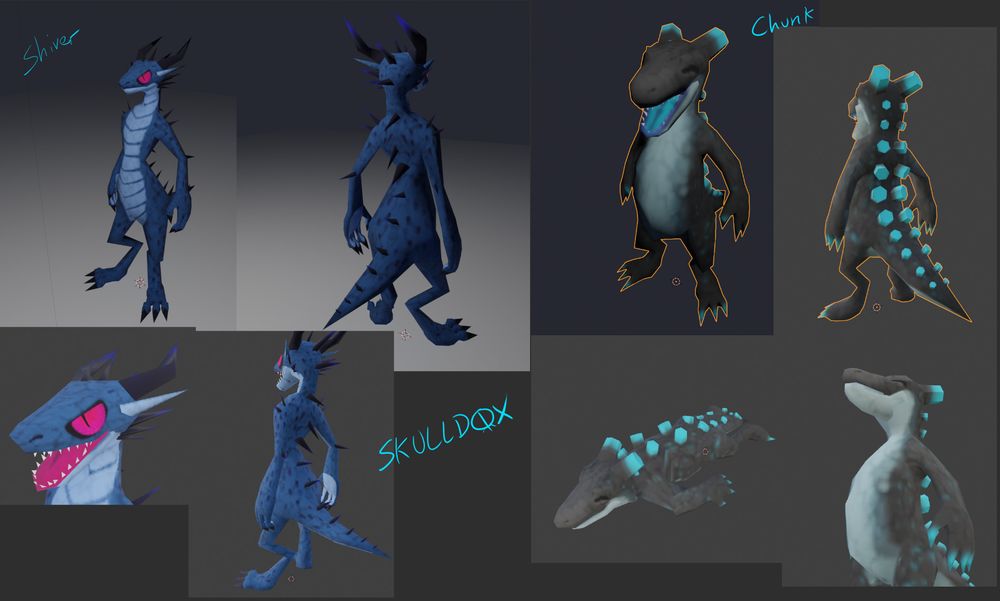 8 kobolds are seen with detailed textures in a gray void. Top Row Far Left: Blue kobold name Shiver standing facing the camera to our left. Middle left: Back side of Shiver, facing right. Middle right: Black and blue kobold named chunk facing view, slightly facing left with a smile. Far Right: Chunk's back facing camera, turned to the left. Bottom row, far left: Zoom in on Shiver's face, facing left. Middle left: Another back shot of shiver but facing the other direction. Middle right: Chunk is lying down on his stomache. Far right: Worm eye view of Chunk with head tilted up