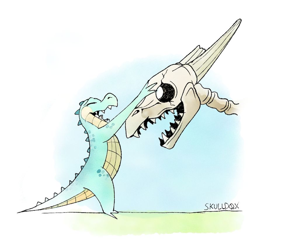 Green kobold petting a skull of a dragon