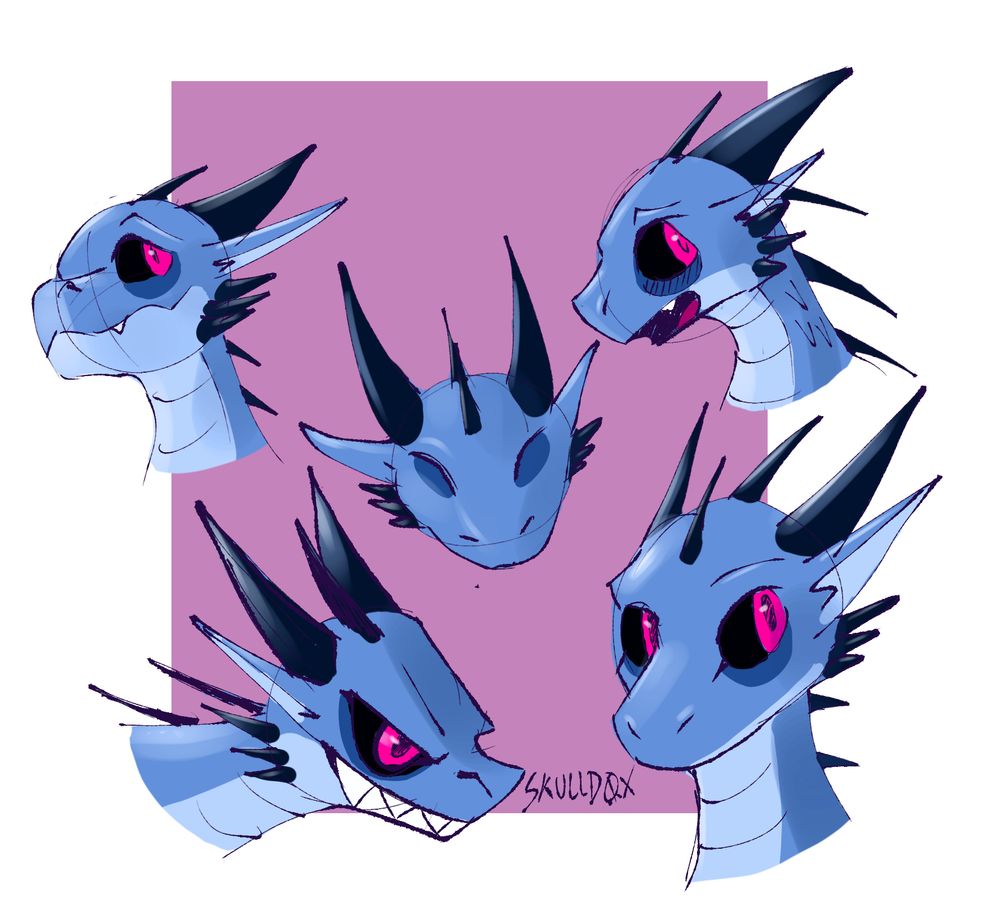 5 blue kobold heads fill the page. Top left head is facing left with a nervous smile. Top right is facing fully to the left with his mouth open. Middle kobold is facing directly at viewer with eyes closed like a cat. Bottom left is the kobold facing right with a menacing smile. The bottom right kobold is looking to the right with a thoughtful expression