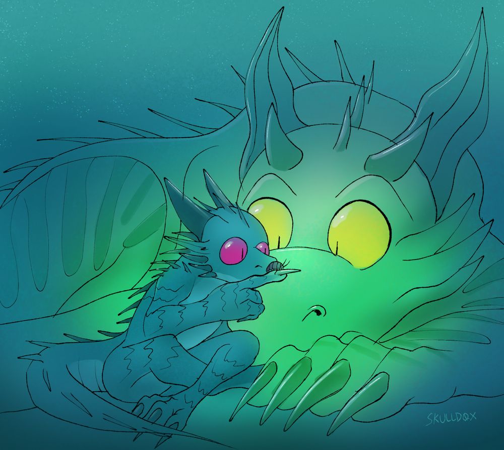 Blue kobold and green dragon are memorized by the pillbug on the kobold's finger