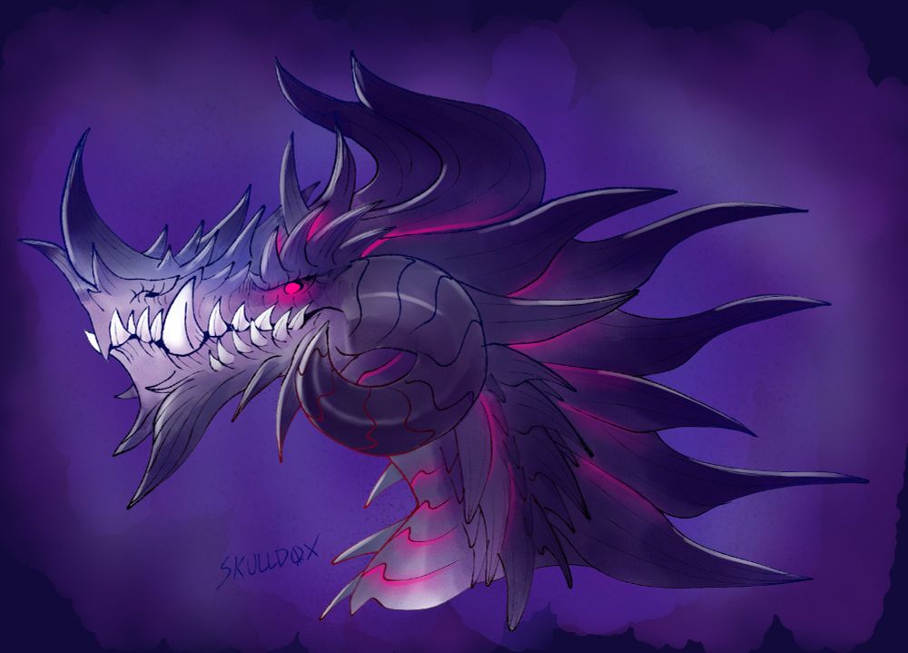 Purple dragon head facing towards the left. It is covering in many different spikes on it's face and down the back. Glowing pink stripes are seen down his neck. Has a glowing pink eye. Large jaw teeth poke from his mouth