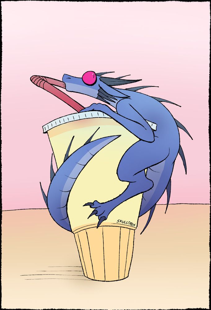 Blue lizard fellow embracing a large fast food cup is steal a small sip from the red straw