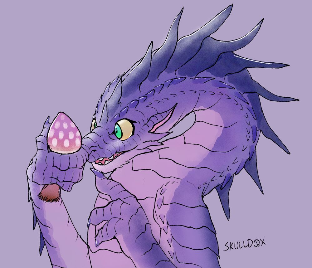 Purple dragon fascinated by the white spotted mushroom they picked