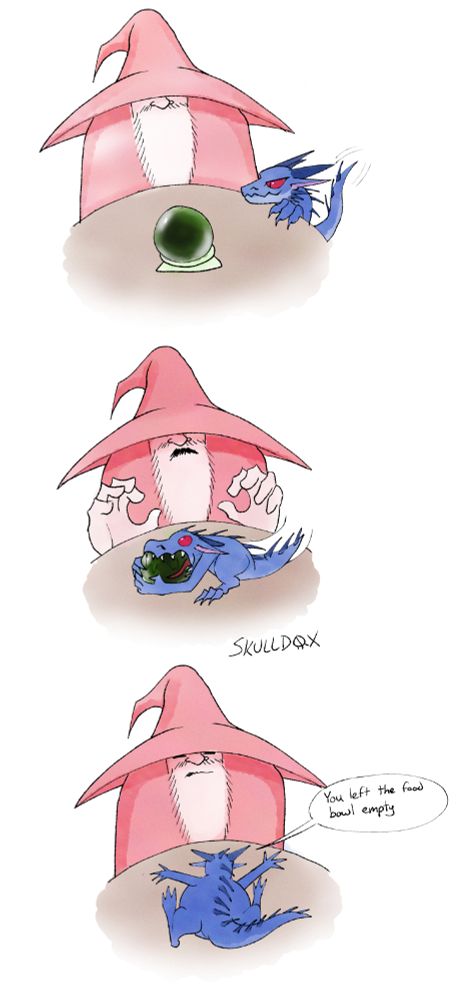 Panel 1: Red wizard is pondering the orb on the table. The blue kobold has a mischevious face looking at it. Panel 2 the kobold gets on the table and starts devouring the orb. The Wizard is in shock. Panel 3 the kobold looking more round turns towards the wizard and says "You left the food bowl empty"