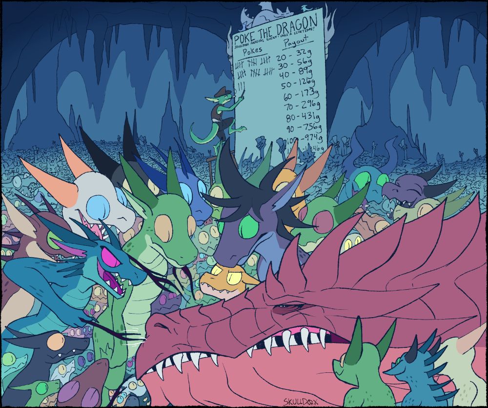 Kobolds surround a sleeping dragon. Sticks poke the snout of the dragon. In the background countless kobolds are placing bets of how many pokes will wake the dragon.