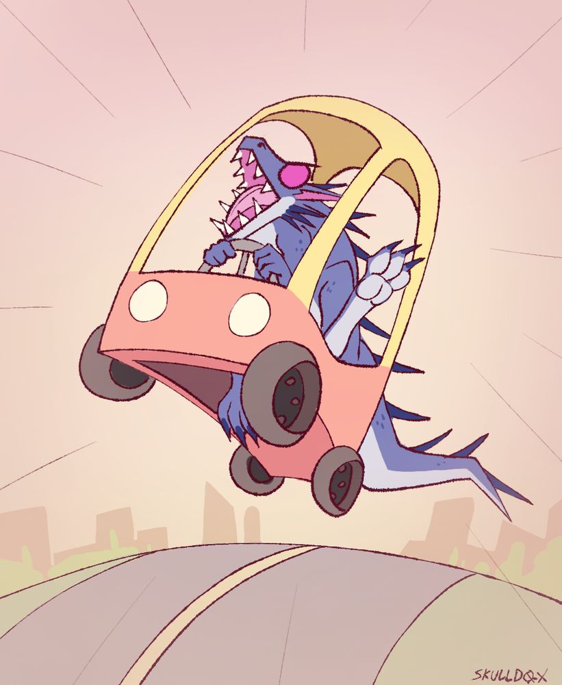Blue kobold driving the small toy car for toddlers. He's off the ground from the speed. Driving it on the road outside the main city. Sunset colors in the sky