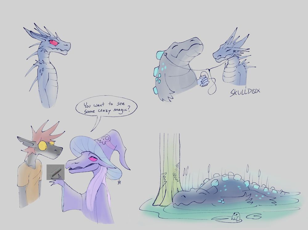 Top left: Blue kobold looking to the top left. Top right: Two kobolds listening to an mp3 player together by sharing the headphone. Bottom left: Witch kobold offering a 3d cylinder to the concern kobold. Witch says "You want to see some crazy magic?". Bottom right: Crocodile kobold snoozing in the swamp