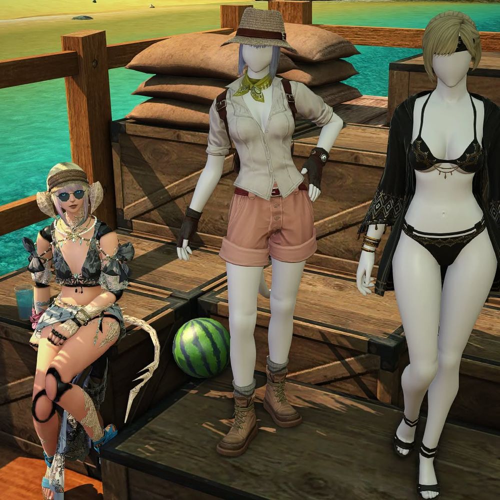 Au ra android wearing a flowery swimsuit sits next to a display of 2 mannequins dressed in summer wear.