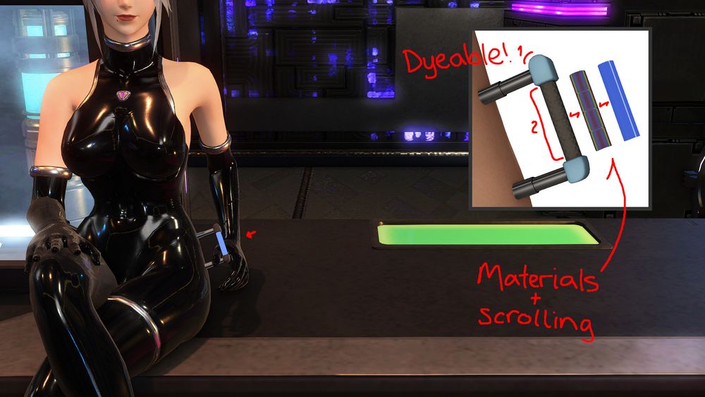 Mod header image with a hyur in latex teasing her hip handles.