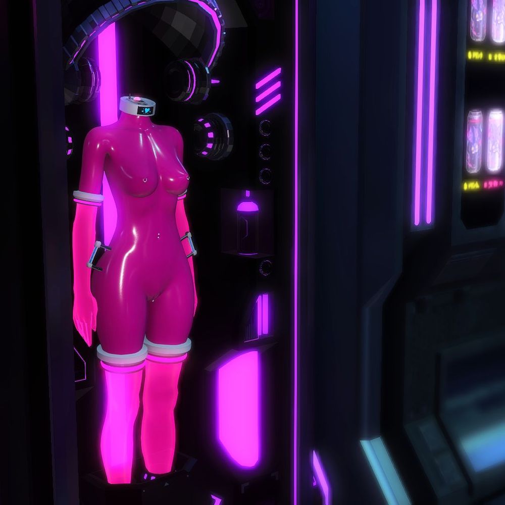A headless, pink rubber doll standing in its rental box.
