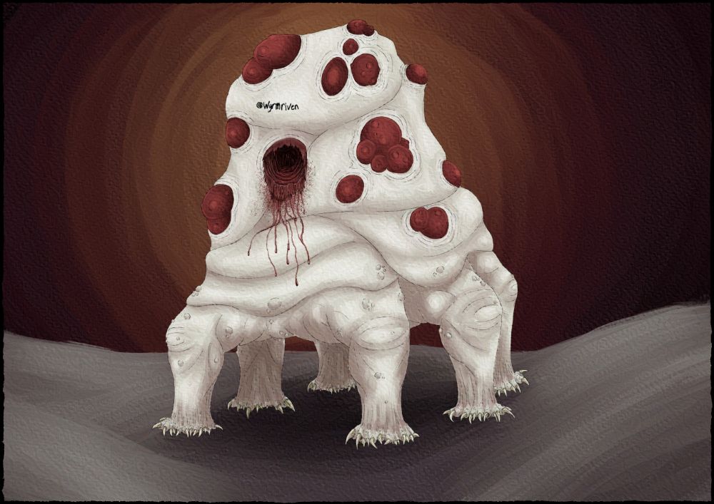 A drawing of a six-legged monster with no distinguishable head, its body is tall and pillar-like, and its pale, flabby skin is covered in red blisters. The background depicts a reddened sky and greyish sands.