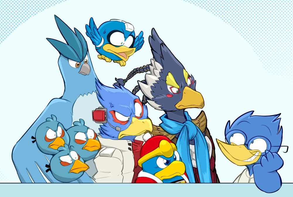 Articuno from Pokemon, Beat from Mega Man, Revali from Breath of the Wild, three of the Angry Birds, Falco from Star Fox, and King Dedede from the Kirby franchise, all glare disapprovingly at Berdly from Deltarune, who cheerfully smiles at them.