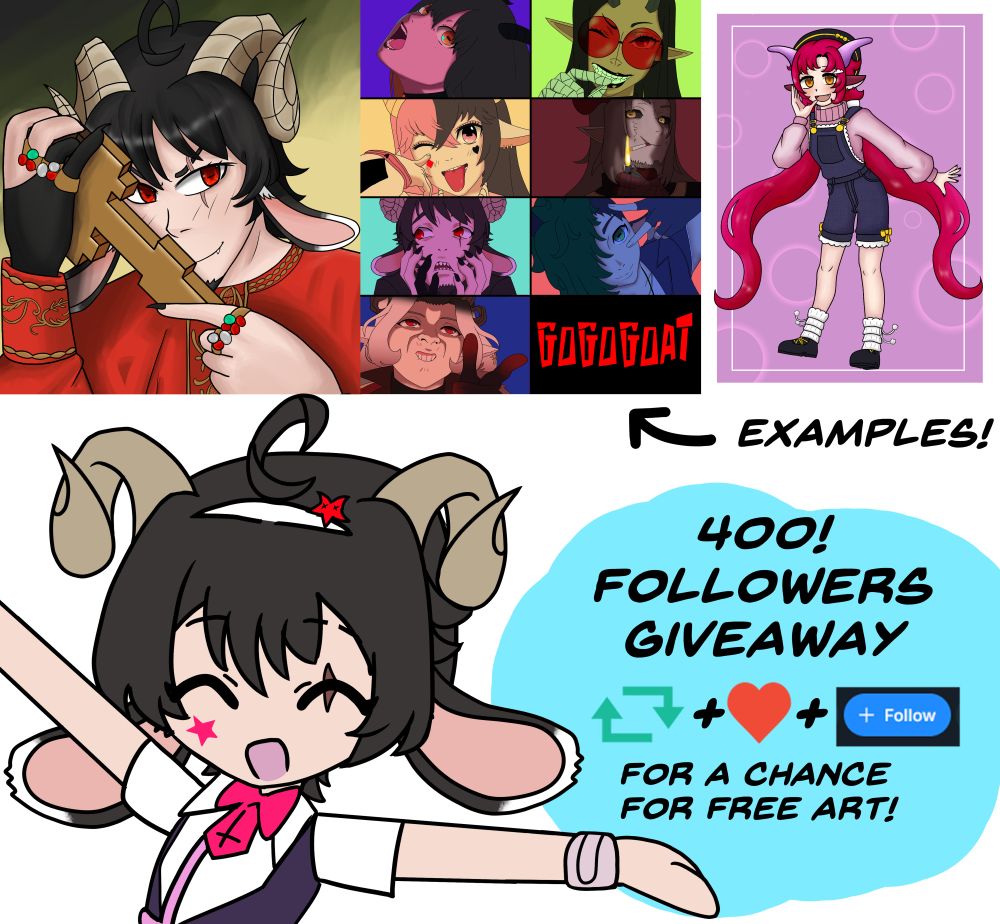 a giveaway promo with a chibi constantine showing off 3 artworks text sayis 400! Followers giveaway with 3 icons indicated retweet, like and follow , for a chance for free art. on the top are 3 different artwork examples.