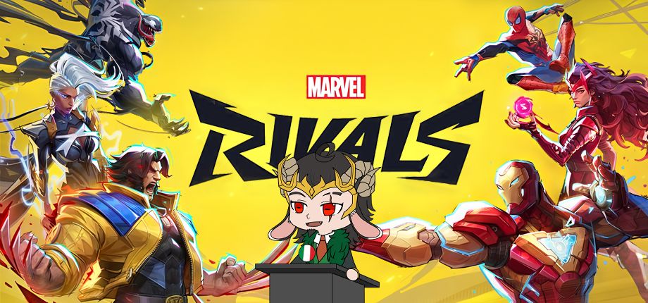 Constantine chibi cosplayin as President Loki in front of an official promo art of Marvel Rivals