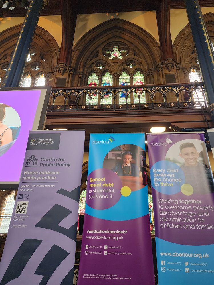 Purple and blue event banners from the UofG Centre for Public Policy and Aberlour charity.