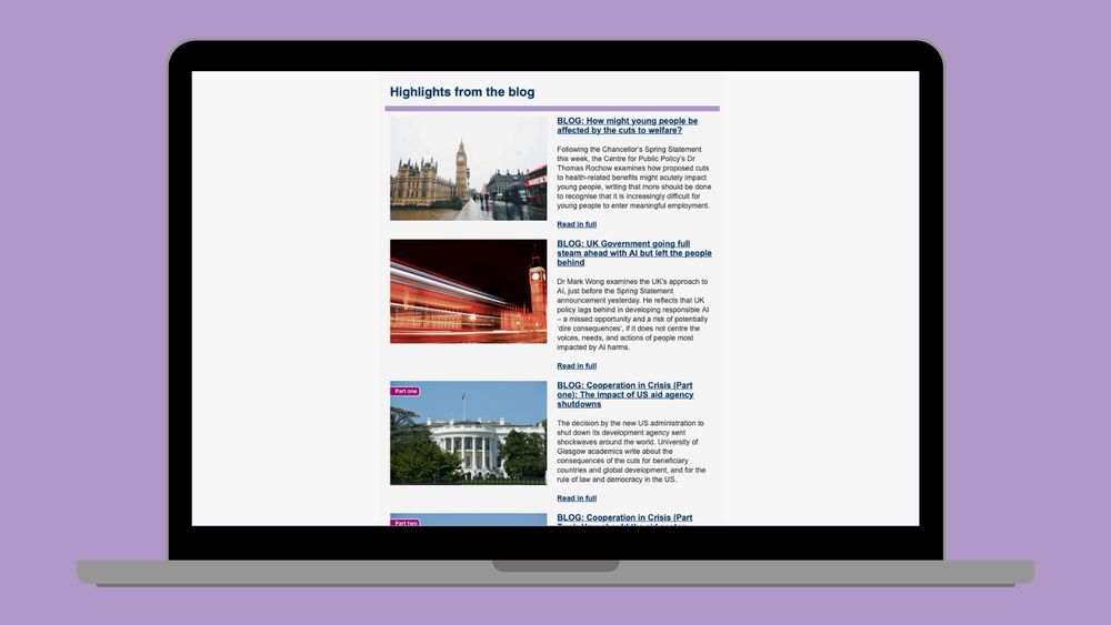 A screenshot of the newsletter displayed on a laptop, to show a glance at the content, including insights on the Spring Statement, AI, and US foreign aid.