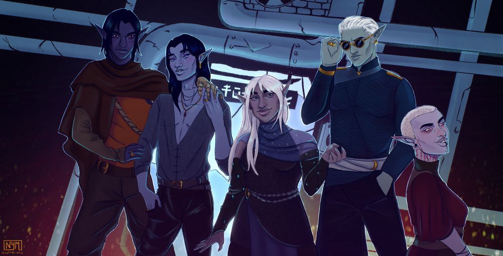 A group of dark elves stand in front of a background of pipes. 