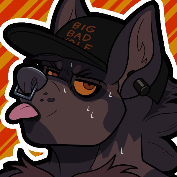 buckshot, a werewolf who has many shades of brown fur and a shiny metal nose ring and black ear stretcher in his left ear, wearing a hat which says “big bad wolf” and sticking his tongue out at you. he has beads of sweat dripping off him