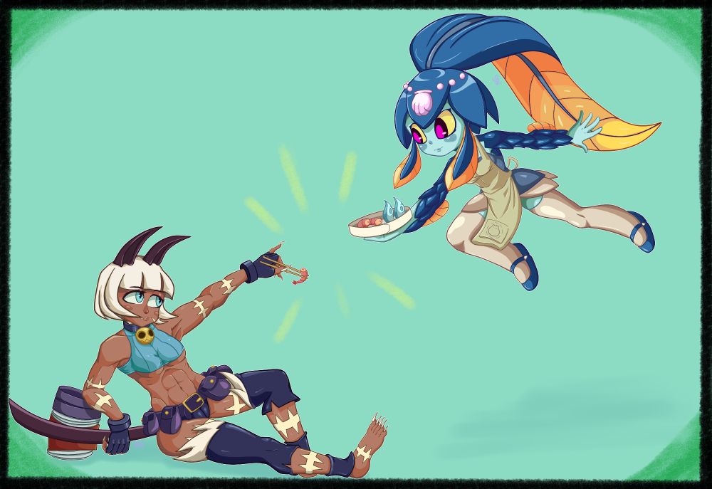 Ms. Fortune and Minette from Skullgirls doing a pose similar to The Creation of Adam. Fortune is holding out chopsticks with a shrimp while Minette hands out a dish of seafood.