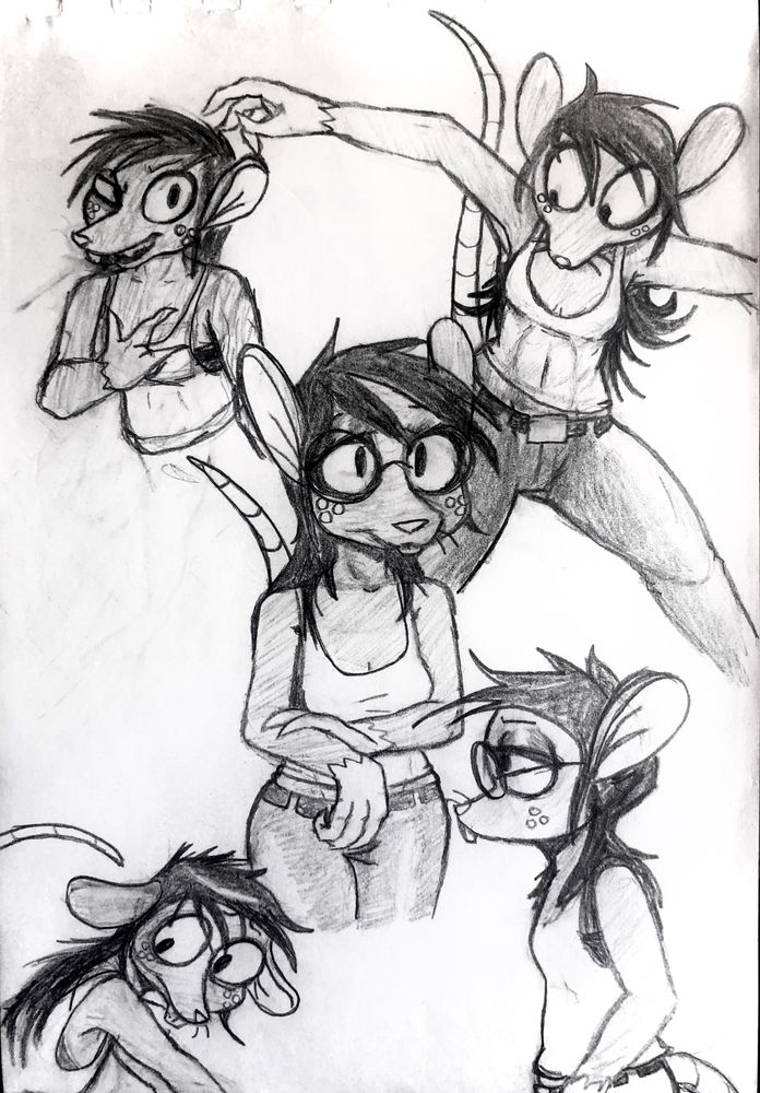 Five different drawings of Lenni doing various motions.