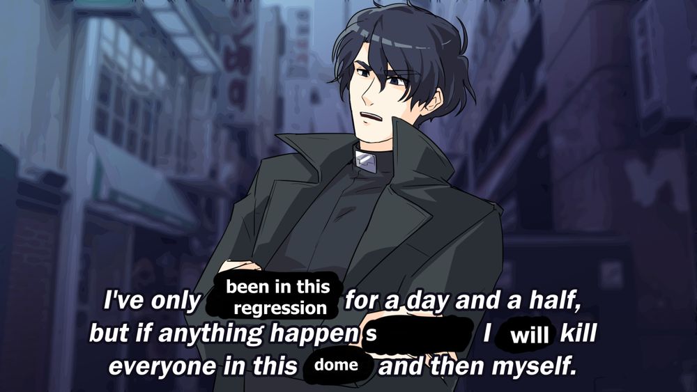 A digital drawing of Yoo Joonghyuk from Omniscient Reader's Viewpoint. He is glaring at something offscreen and his arms are crossed. The image is captioned with the text "I've only been in this regression for a day and a half, but if anything happens I will kill everyone int his dome and then myself." 
The image is a redrawing of a scene from Brooklyn 99 where a character says "I've only had this dog for a day and a half, but if anything happens to him I will kill everyone in this room and then myself." 