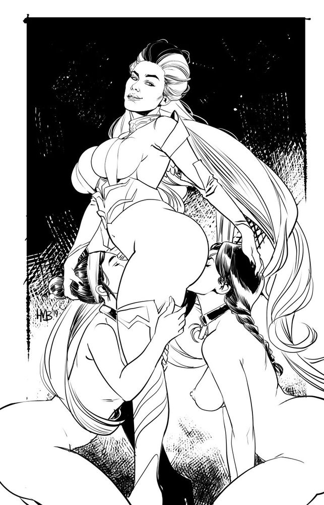 NSFW Digital black and white illustration of Sindel, Kitana and Jade from Mortal Kombat 11 engaging in sexual acts with kitana and jade pleasuring with their mouths sindel on both sides.