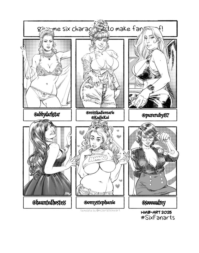 Sixfanarts meme digital illustration of various women cosplay models/social media influencers. Abby Darkstar, Kadie Marie, Pure Ruby, Haunted Quinn, Stephanie Michelle, Audrey.
SFW for a change!
