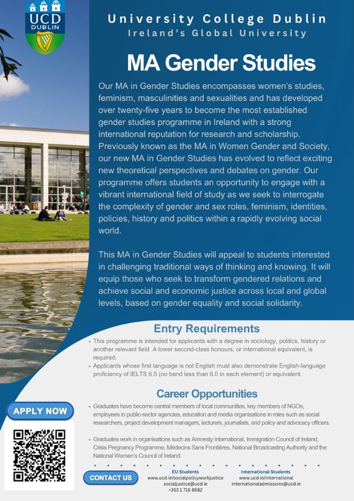 MA in Gender Studies in UCD - application poster with QR code