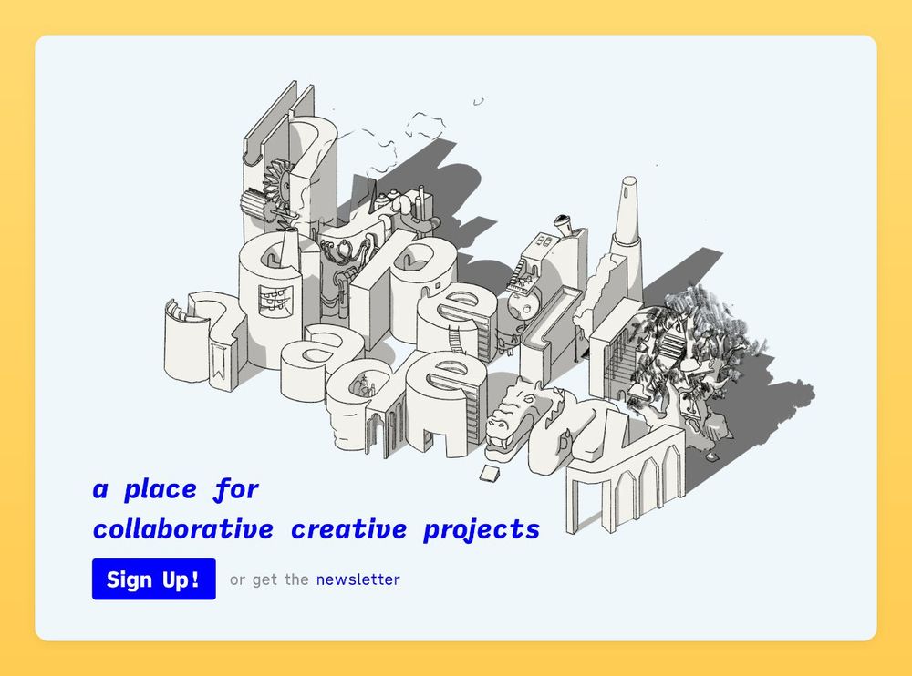 screenshot of the top of our new landing page, with isometric illustration of "hyperlink academy" as a village of learning, and text "a place for collaborative creative projects" with signup and newsletter links below