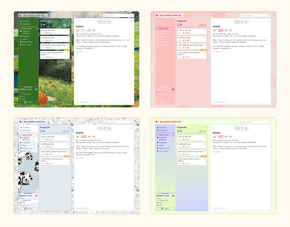 four versions of the same page in the hyperlink app, each with a different set of backgrounds and text colors