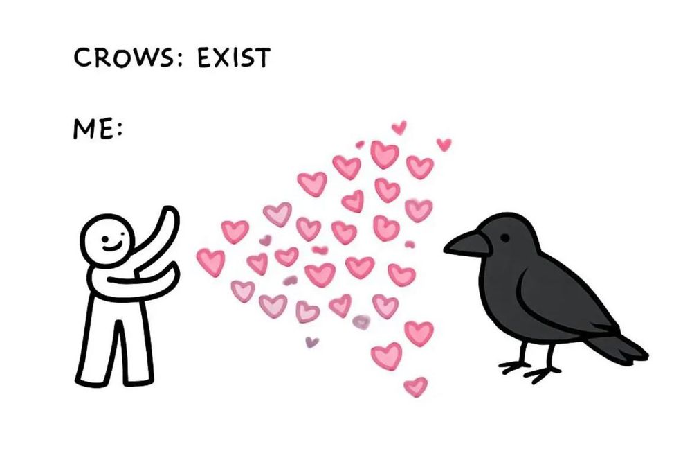Meme drawing showing the text "Crows: Exist, Me:" and below the text is a drawing of a smiling human figure sending little love hearts to a crow.