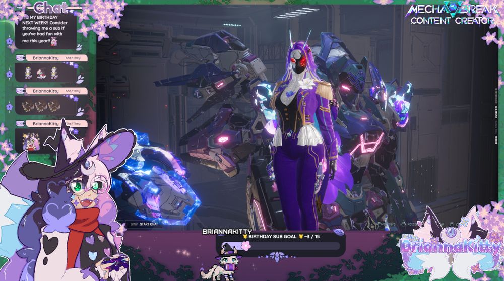 Screenshot of the cat fox witch vtuber Briannakitty in front of her gaming overlay, displaying the game Mecha Break.